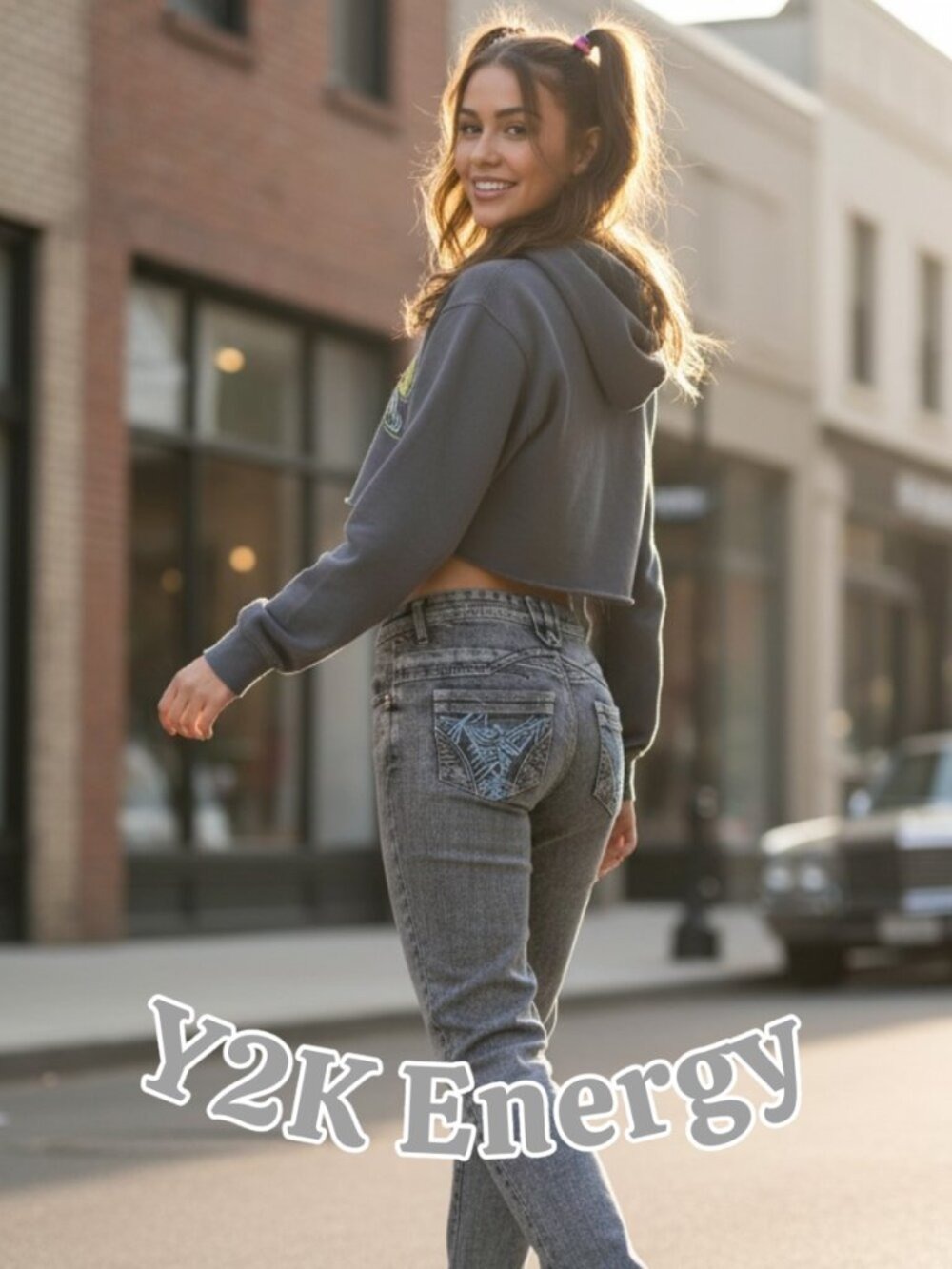 Y2K Embroidered Bootcut Jeans Grey Wash Low Rise Stretch Denim Size 7